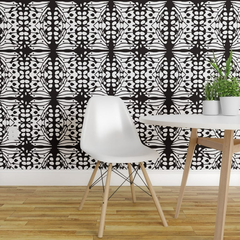 Removable Water-Activated Wallpaper Black White Butterfly Wings Abstract And